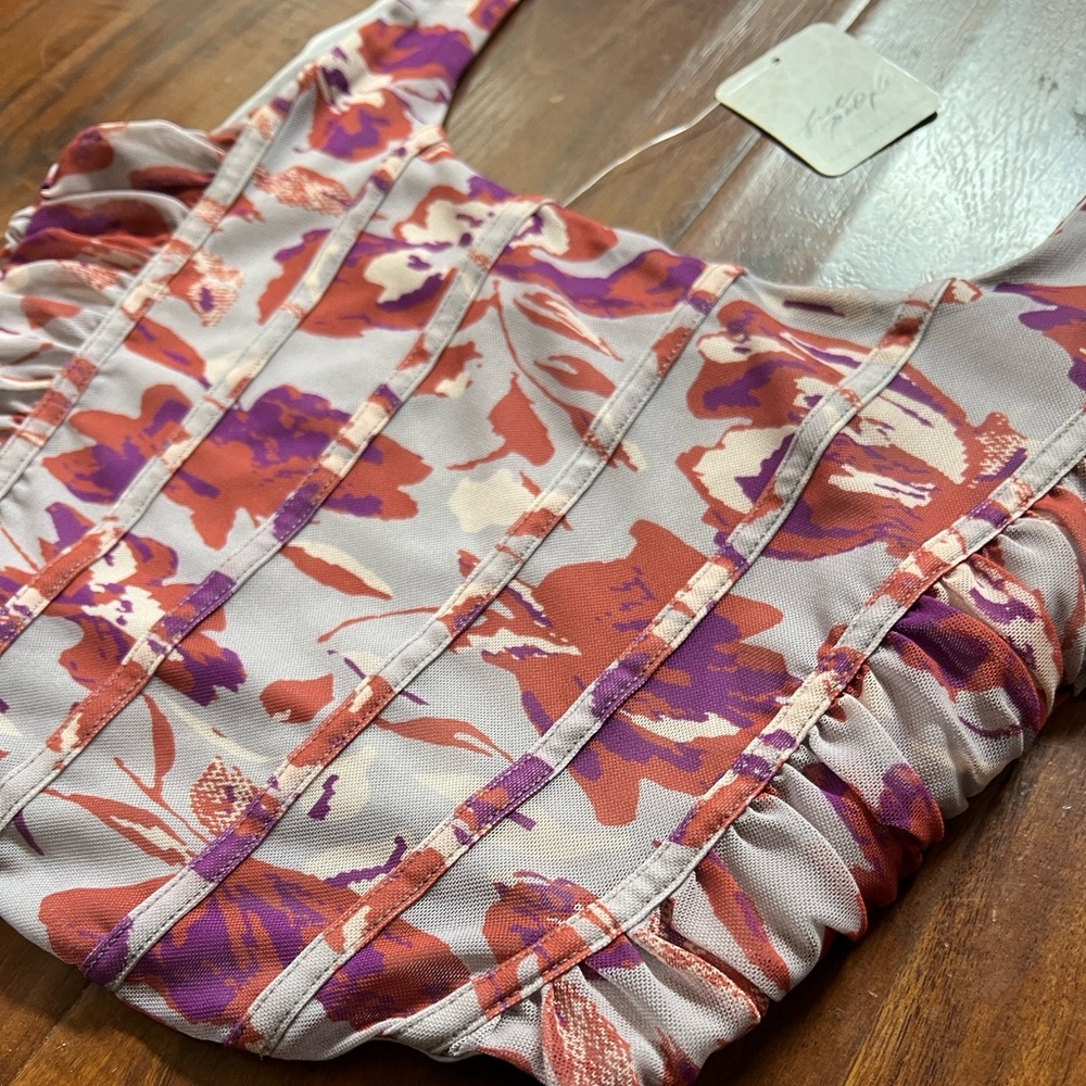 Free People Floral Corset Crop Top Coral Red Violet Small Mesh - Picture 3 of 11